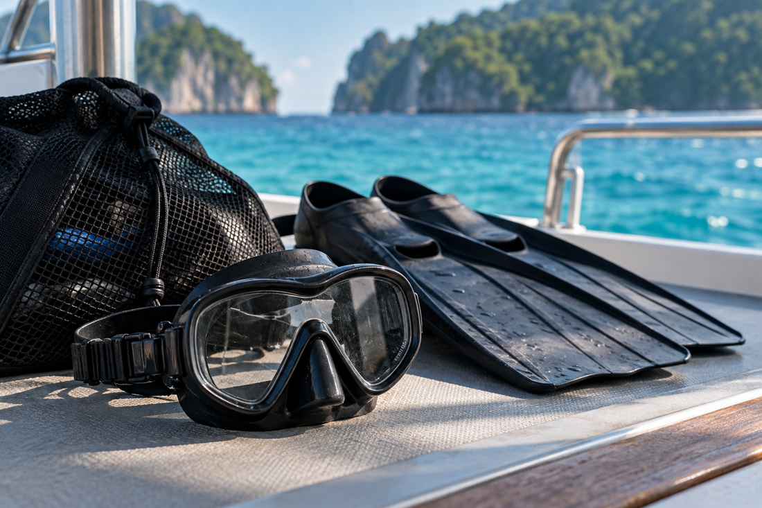 Illustration of a scuba mask, fins, and mesh gear bag on a dive-boat deck