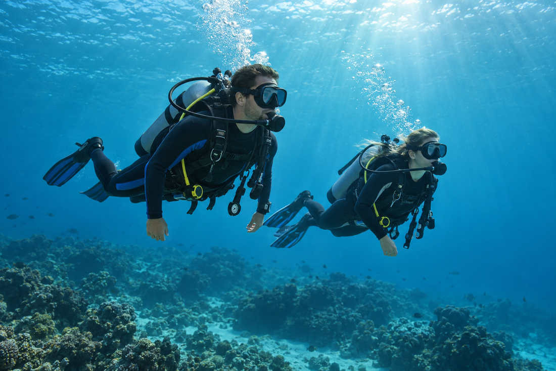 Illustration of two scuba buddy divers swimming in blue ocean water